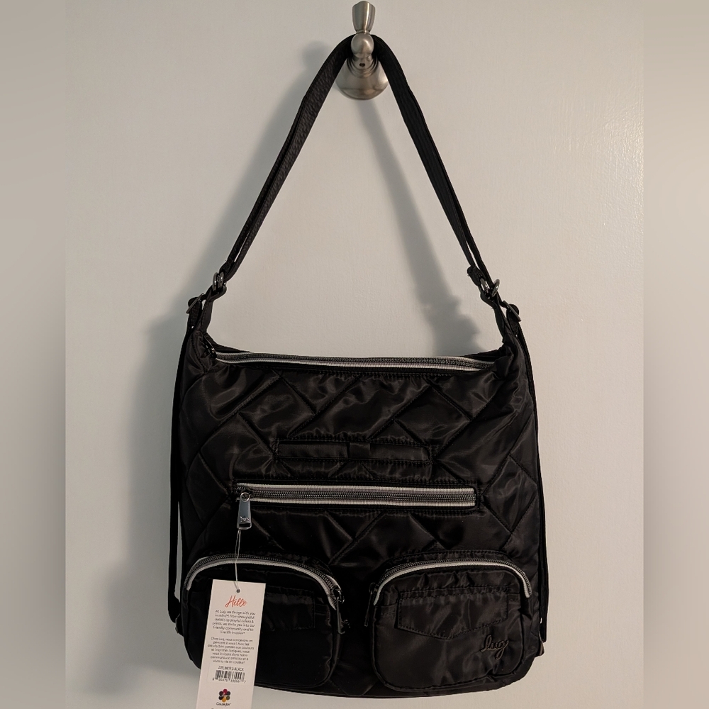 NWT Lug Zipliner 2 Convertible Hobo Bag In Black 2 - Island Tropics Grey Lining